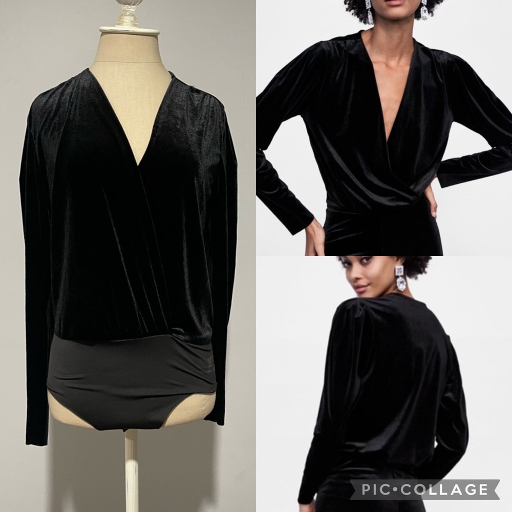 ZARA Black V-Neck Crushed Velvet Surplice Bodysuit Long Sleeve Size Medium
